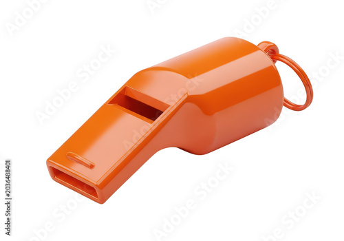 Bright orange plastic whistle isolated on white background