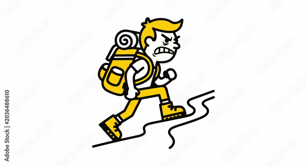 Fototapeta premium Cartoon hiker struggling with heavy backpack on trail.