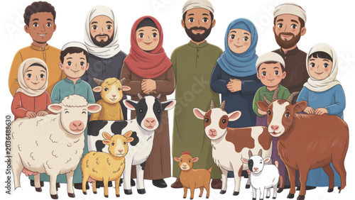 Cuadro en lienzo Diverse group of people herding sheep in a rural village setting Vector