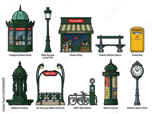 Bild auf Leinwand Iconic Paris Street Furniture Vector Set: Art Nouveau Metro Entrance, News Kiosk