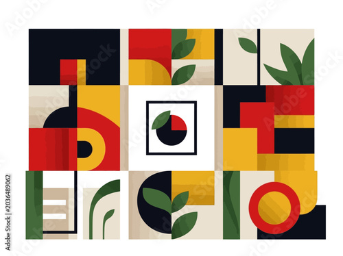Tablou pe pânză Bauhaus Style Abstract Geometric Composition with Organic Leaf Elements, Modern