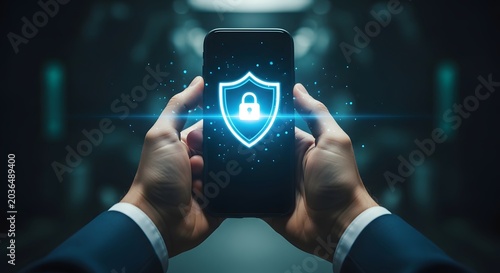 Mobile device security concept with shield and lock icon on screen