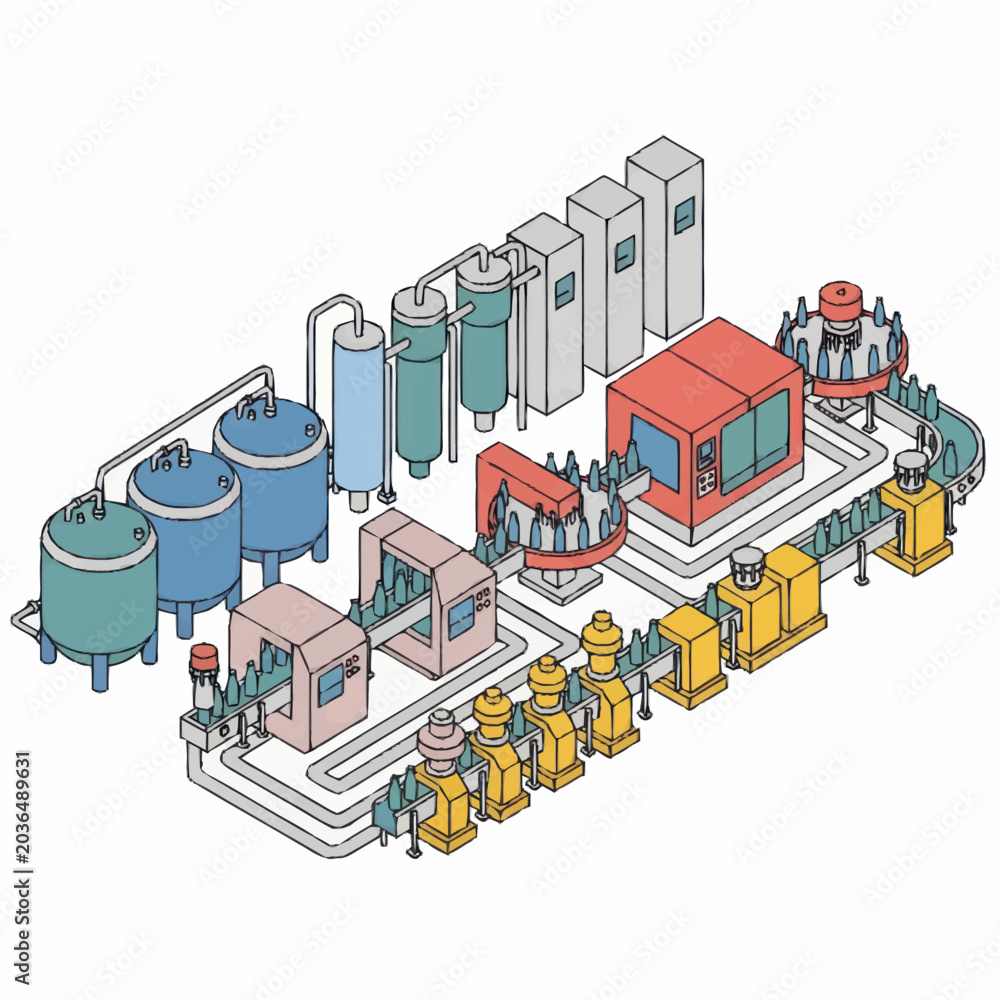 Naklejka premium Modern Automated Beverage Production Line Factory Illustration.