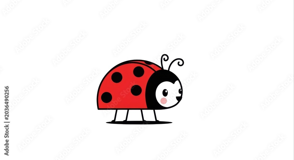 Fototapeta premium Cute Cartoon Ladybug with Red Shell and Black Spots on White Background.