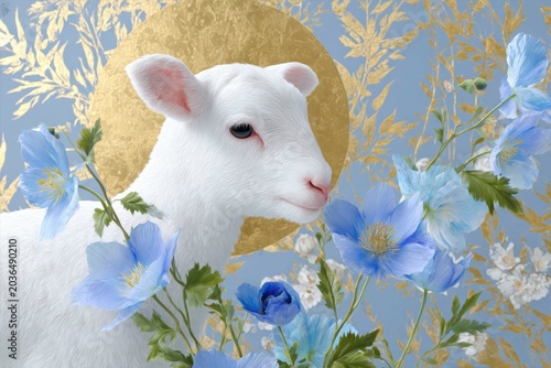 white lamb, blue poppies, golden halo, blue and white background with a golden floral pattern