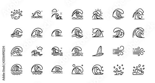 Cuadro en lienzo Ocean water line icons vector set with sea tide splashes and stormy marine wave