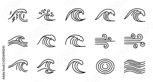 Fotografie Sea tide splash line icon collection with stormy ocean surf and marine vector sy