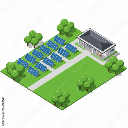 Obraz na płótnie Modern Solar Panel Farm Generating Clean Energy For A Building.