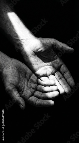 Weathered hands cupped open in dramatic chiaroscuro lighting