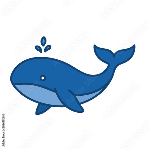 Cute cartoon blue whale illustration on white background.