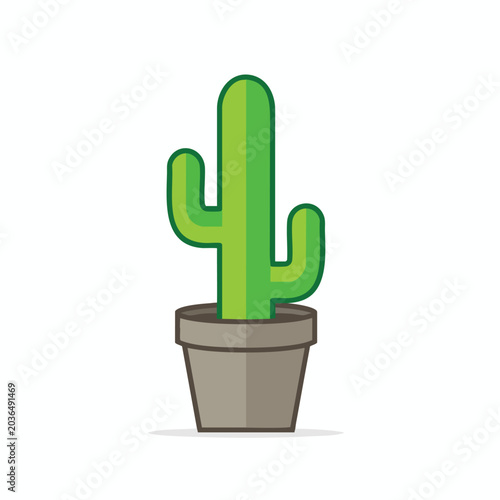 Minimalist vector illustration of a green cactus in a grey flower pot.