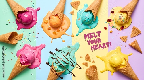 Colorful Ice Cream Cones Melting Hearts.