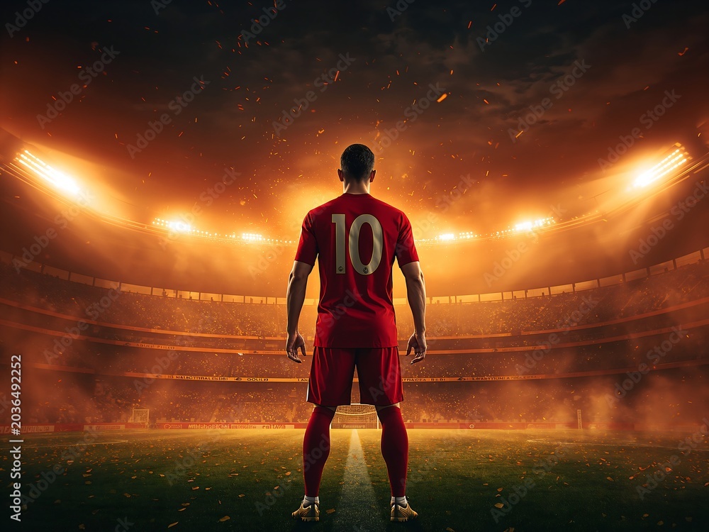 Fototapeta premium Generative AI depicts a soccer player standing on the field under dramatic stadium lighting