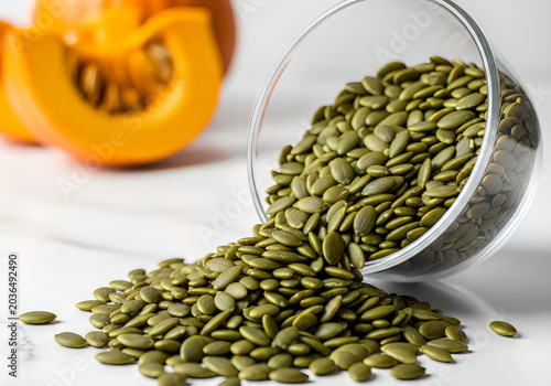 Pumpkin seeds spilling out of a clear glass bowl onto a white surface