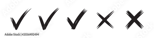 Minimalist black ink check mark and cross symbols with sharp brush strokes isolated on transparent background.