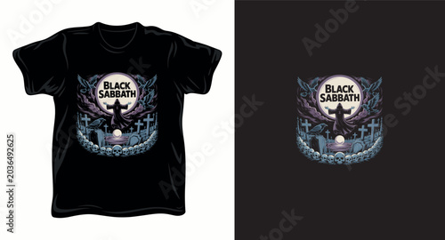 Black Sabbath mystical graveyard artwork with hooded figure and ravens.