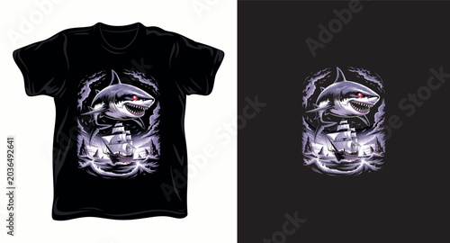 Great white shark attacking pirate ship in stormy sea illustration.