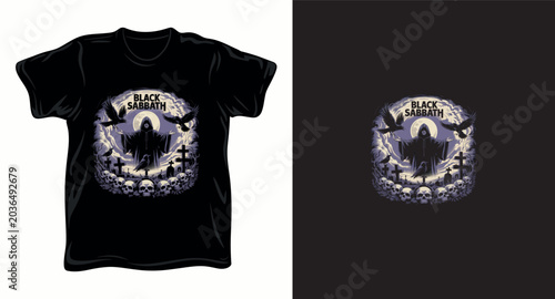 Black Sabbath gothic cemetery illustration with grim reaper and skulls.