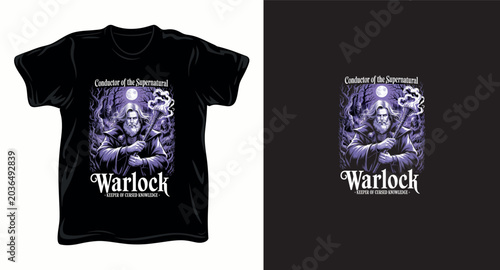 Warlock keeper of cursed knowledge with glowing staff in haunted nocturnal forest for apparel print.