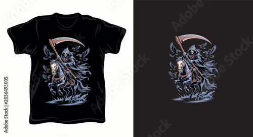 Death riding horse with scythe and ravens for dark gothic tshirt design.