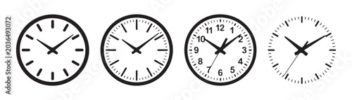 Quadro su tela Collection of four analog clocks showing different times on transparent background vector illustration