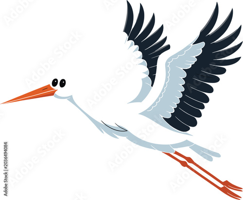 A Majestic Cartoon Illustration of a White Stork in Flight, Symbolizing New Beginnings and Joyful Journeys