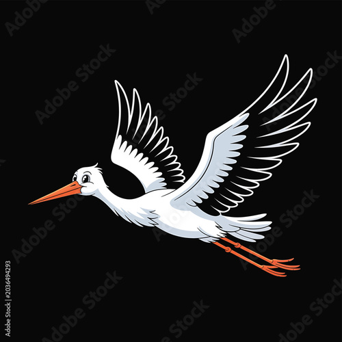 A detailed cartoon illustration of a white stork in flight against a black background, perfect for various design needs