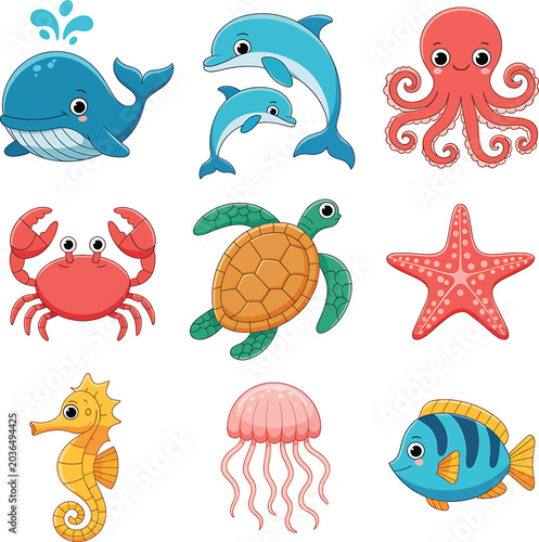 A Whimsical Cartoon Collection of Marine Life featuring a Playful Whale, Dolphin, Octopus, and More!