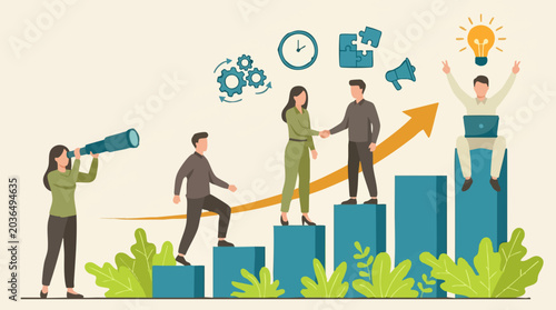 Obraz na plátne Business team climbing chart to success with strategic vision and collaboration