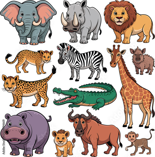A charming collection of playful cartoon safari animals and wild jungle creatures, perfect for children's illustrations, educational materials, or fun wildlife-themed designs