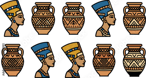 Schilderij op canvas Ancient Egyptian Queen Nefertiti Profile Icons and Terracotta Amphora Vase Vecto
