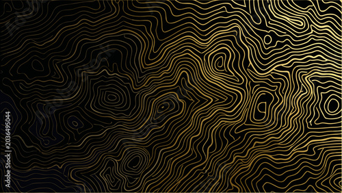 Quadro em tela Golden contour lines forming an abstract mountain range pattern on a black backg