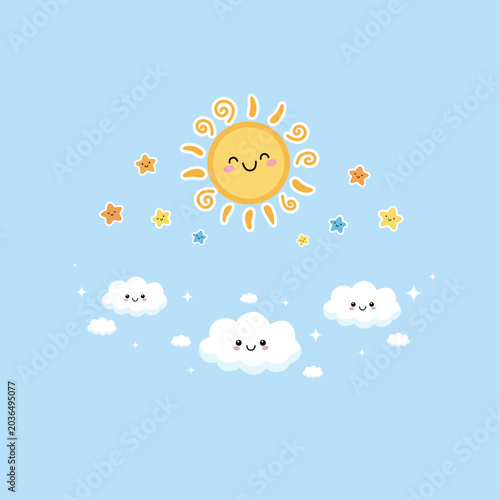 Cute kawaii sun and clouds with eyes and stars vector illustration. Weather-themed clipart for kids.