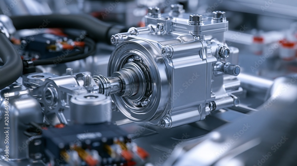 Fototapeta premium Close medium shot capturing compact EPS motor installation for city cars emphasizing meticulous assembly of compact housing and electronic connections.