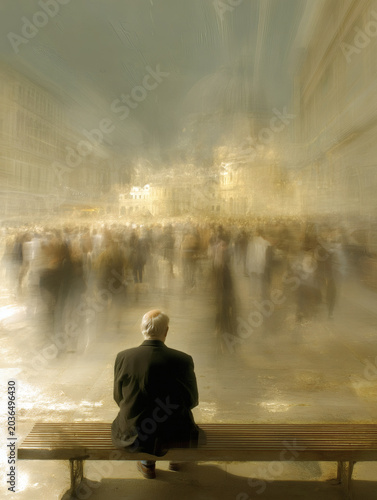 digital art from a back perspective showing a motionless elderly man in a dark coat sitting on a wooden bench. The background melts into a heavy motion blur of a crowded public square during 