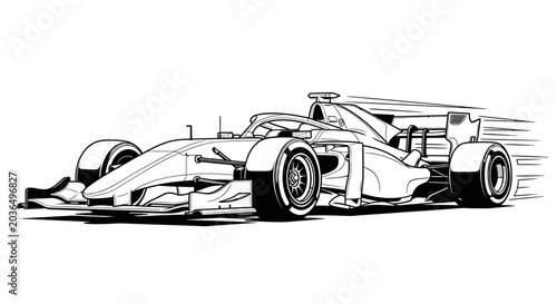 Black and white illustration of a sleek, futuristic Formula 1 racing car speeding across a white background