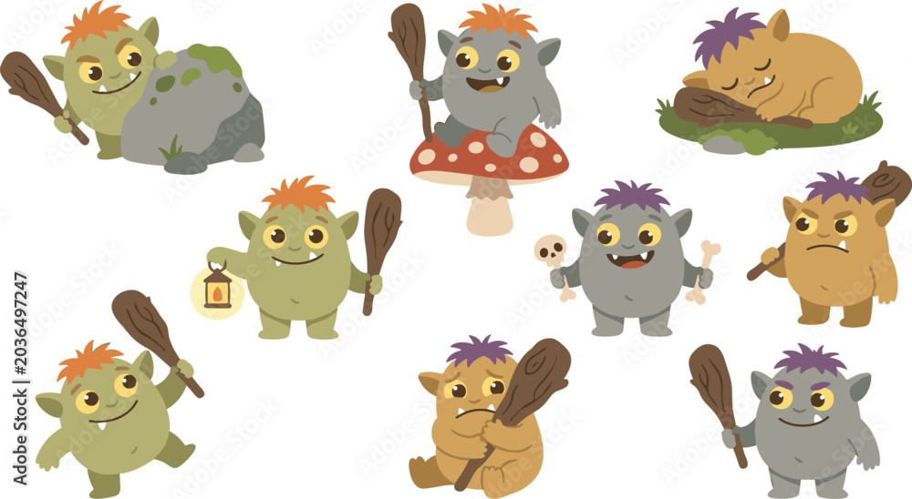 Obraz premium Cute Baby Troll Monster Character Set with Wooden Clubs and Various Cute Poses for Fantasy Games, Fairy Tale Books, and Graphic Designs