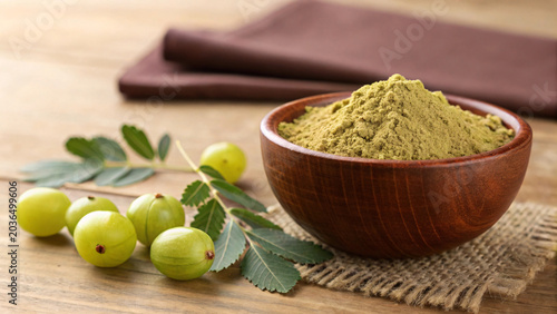 Amla Powder in Wooden Bowl with Fresh Indian Gooseberries – Ayurvedic Superfood and Herbal Wellness Concept