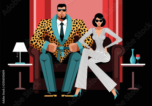 Принти на полотні Wealthy Fashionable Couple in Luxury Lounge Illustration - Power and Extravaganc