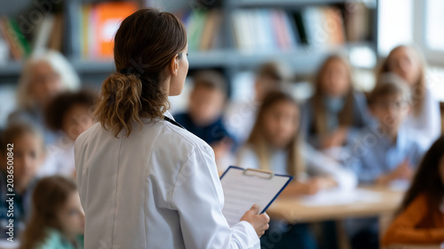 Faceless female doctor in white coat visiting classroom giving lecture to curious primary school students about health and hygiene, young kids sitting listening to healthcare