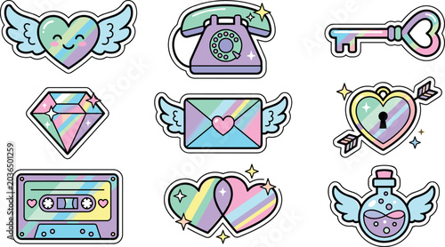Schilderij op canvas Cute Pastel Holographic Valentines Day Sticker Vector Set with Winged Heart Retr