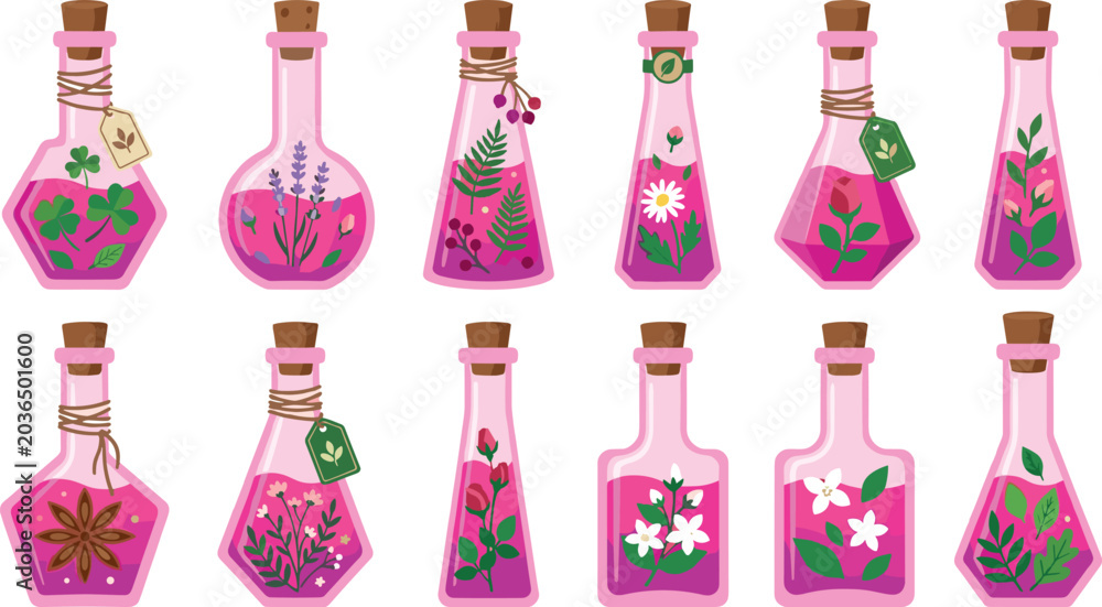 Fototapeta premium Magic Floral Potion and Herbal Elixir Glass Bottle Vector Set with Pink Liquid Lavender Rose Clover and Daisy Elements for Fantasy Game UI