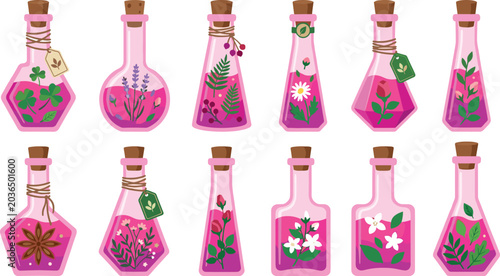 Bild auf Leinwand Magic Floral Potion and Herbal Elixir Glass Bottle Vector Set with Pink Liquid L