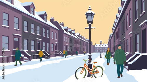 Schilderij op canvas Winter city street illustration with snow-covered terraced houses and people