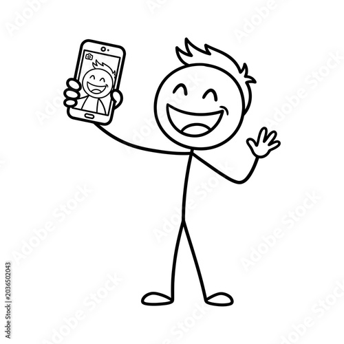 Stick figure taking a selfie with smartphone.