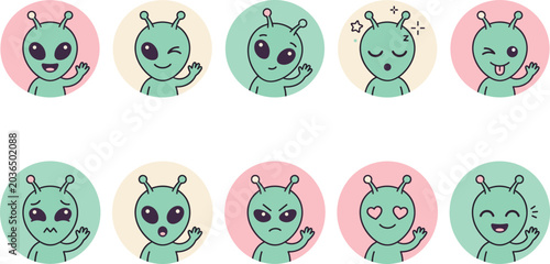 Foto Cute Green Alien Emoji Avatar Vector Icon Set with Various Facial Expressions an