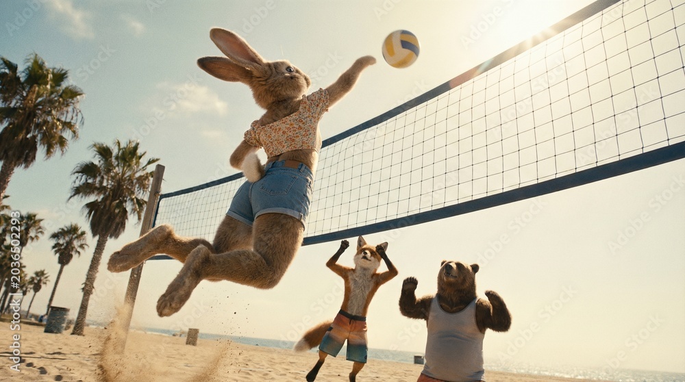 Naklejka premium Rabbit playing volleyball on beach with fox and bear. Fun animal sport activity for summer vacation concept. Fantasy friendship moment.