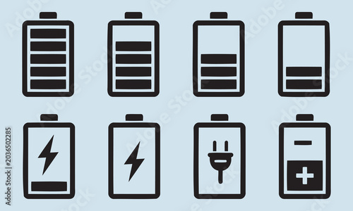 Battery Charge Level Icons and Symbols Representing Power and Energy
