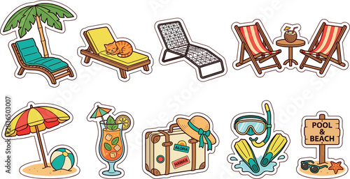 Foto Summer Beach Vacation Sticker Vector Set with Sun Loungers Sleeping Cat Parasol