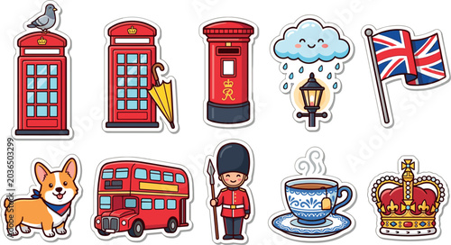 Cute United Kingdom Travel Sticker Vector Set with Telephone Booth Post Box Double Decker Bus Corgi Royal Guard and British Tea Cup Elements
